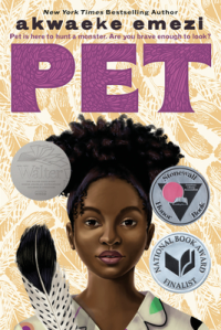 A girl of African decent stands at the center of a patterned background of muted gold feathers. Her natural hair is pulled up high above a purple wrap, several ringlets hanging down to frame her face. She shares some features with Bitter, including high arched brows. She is wearing a grey pajama top with splotches of green. Held in her right hand (out of frame), she holds a large feather, white with speckled black towards the base, black at its tip. There are several award stickers on the cover, including a Stonewall honors sticker, and a National Book Award finalist sticker.