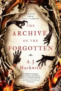Another book cover in the Hell's Library series, this one with a decidedly worn book tattered and perhaps on fire at it's edges. There are four hand reaching past the edges of the tattered pages around the title words. Three of them are entirely coated in thick, dripping black ink. The fourth, on the bottom left, is mostly covered, up to its wrist.