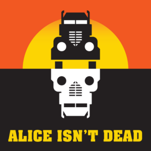 Alice Isn't Dead Logo - A semi drives into a setting sun in the top half of the square, the bottom half is black with a reverse of the semi in white, resembling a skull.