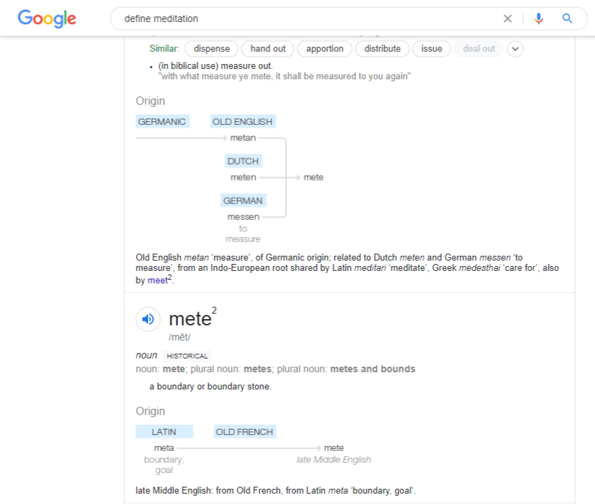 Screen cap of a Google search for defining meditation